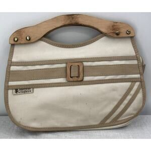 American Eagles Vintage Brown Cream Canvas Bag with Wooden Handles Top Handle